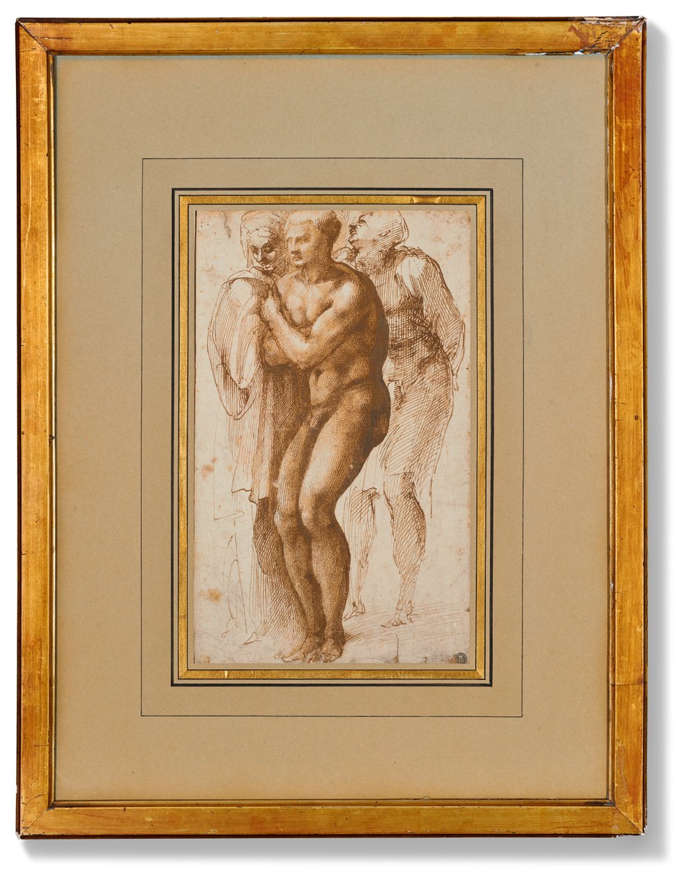 Um homem nu (segundo Masaccio) e duas figuras atrás dele (caneta e dois tons de tinta castanha, lavagem castanha, marca de água) de Michelangelo Buonarroti