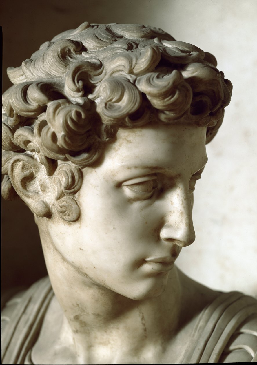Alegoria do Dia e da Noite: detalhe do falecido. Mausoléu de Giuliano de Medici. Escultura em mármore. de Michelangelo Buonarroti