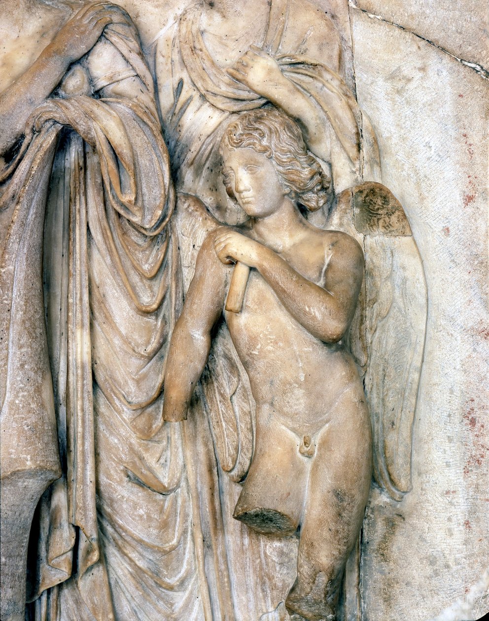 Anjo, mármore de Veneza, início do século XVI. Cerimónia funerária, detalhe, Museu do Louvre. Escultura de Michelangelo Buonarroti dit Michel Ange (Michelangelo ou Michelangelo de Michelangelo Buonarroti