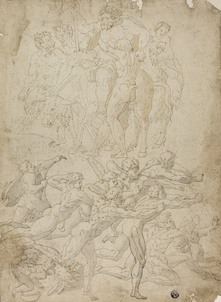 Arqueiros atirando em um Herm, Triunfo de Baco e outros estudos de Michelangelo Buonarroti