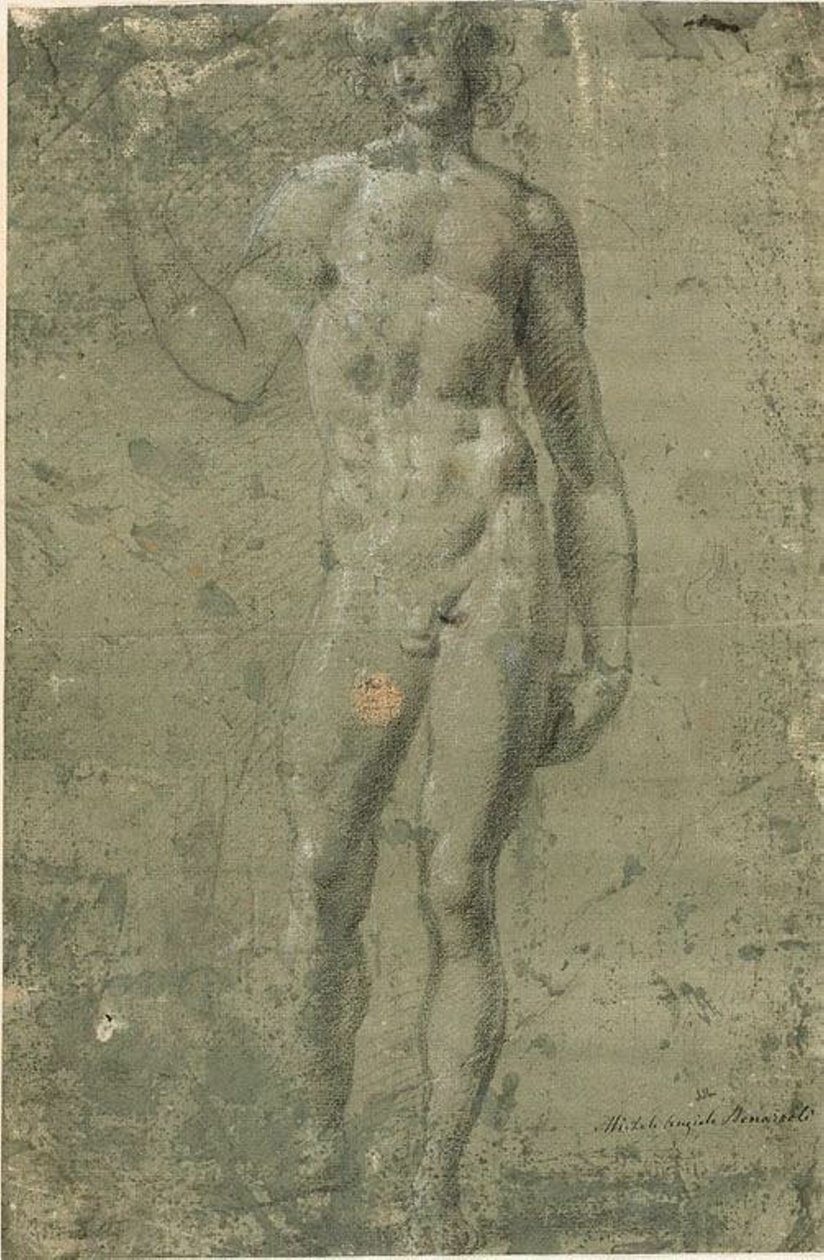 Baco (reto); Esboços Arquitetônicos (verso) de Michelangelo Buonarroti
