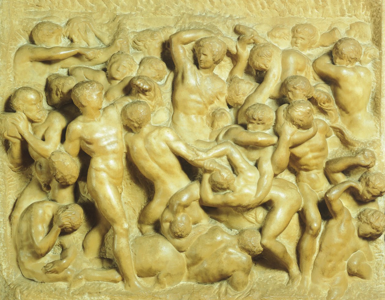 Batalha de Lapiths contra Centauros por Michelangelo (1475-1564), mármore, 80 5x88 cm de Michelangelo Buonarroti