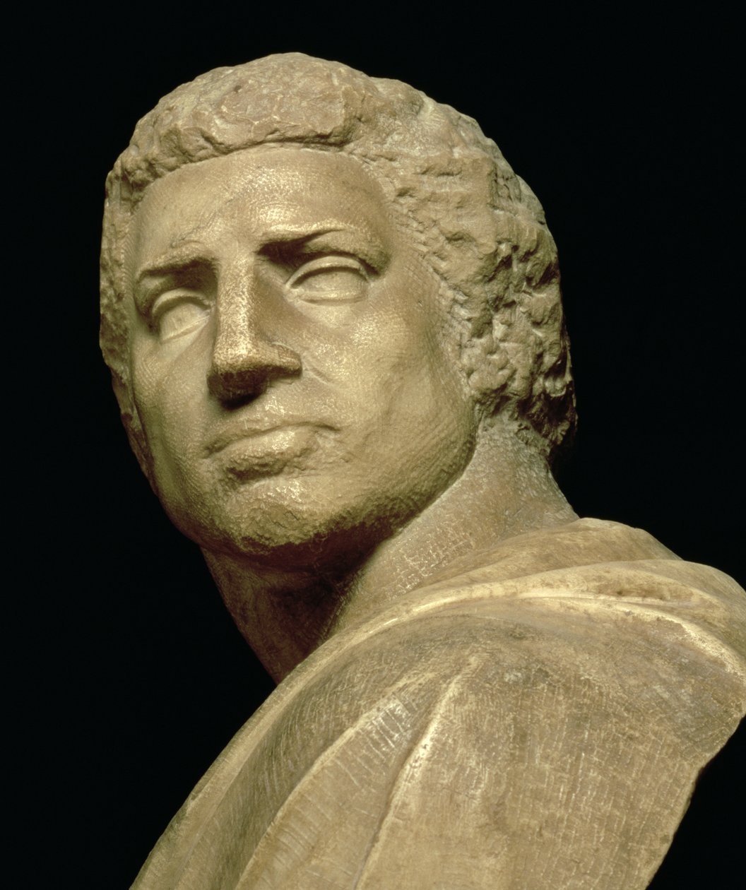 Brutus, detalhe da cabeça do busto por Michelangelo Buonarroti 1475-1564, c.1539-40 detalhe de mármore de 79848 de Michelangelo Buonarroti
