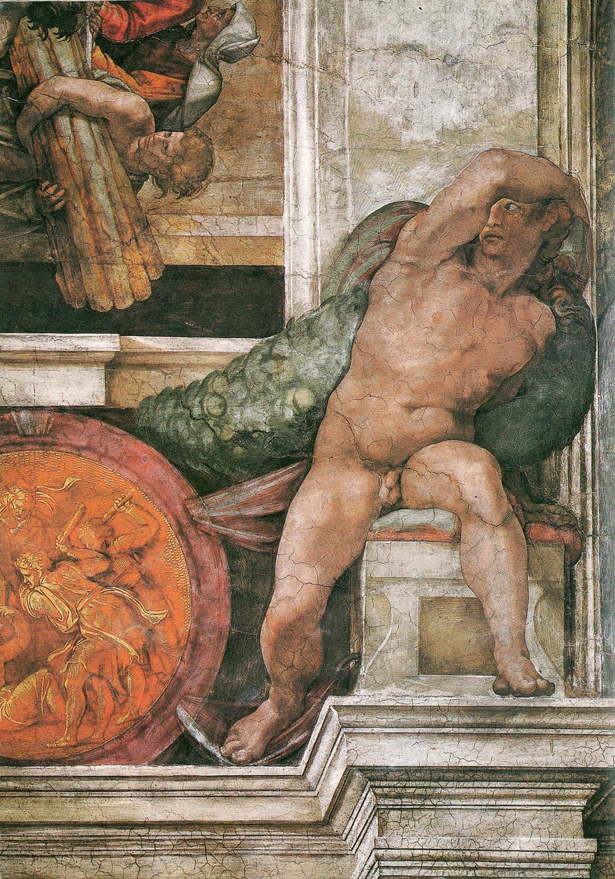 Detalhe do teto da Capela Sistina no Vaticano, 1508-1512 de Michelangelo Buonarroti
