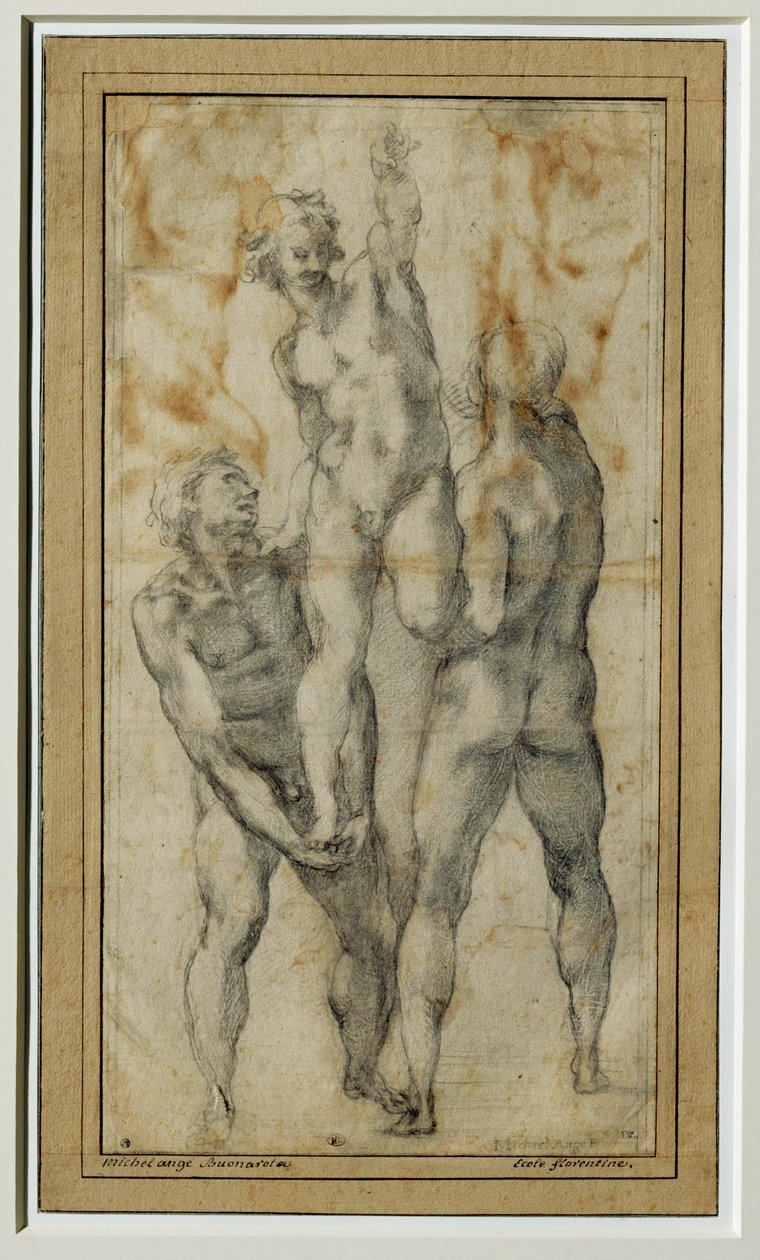 Dois homens nus levantando um terceiro, c. 1502-06 ... de Michelangelo Buonarroti