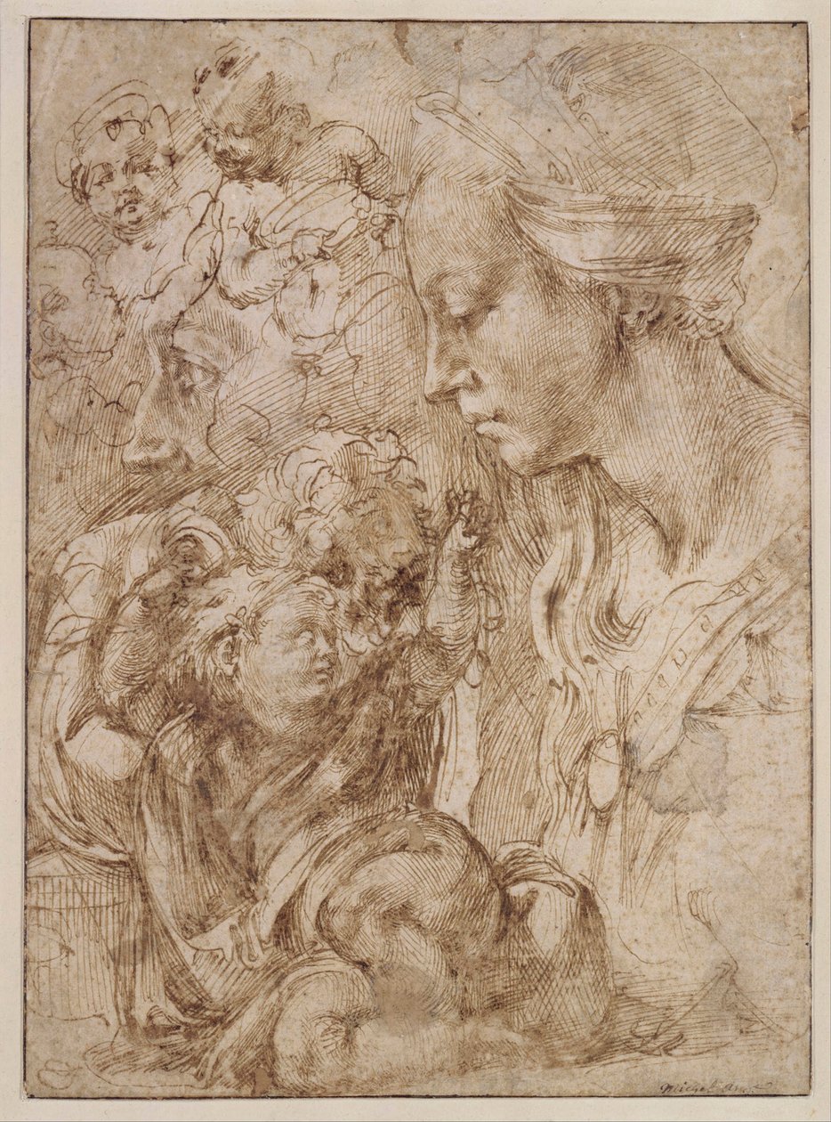 "Etude pour la sainte Famille avec saint Jean Baptiste enfant" (Estudos para uma Sagrada Família com João Baptista em criança) Dessin de Michelangelo Buonarroti (1475-1564) - 1505 - Caneta, pincel, tinta da Índia sobre papel Dim 28,7x20,9 cm Staatliche Mus de Michelangelo Buonarroti