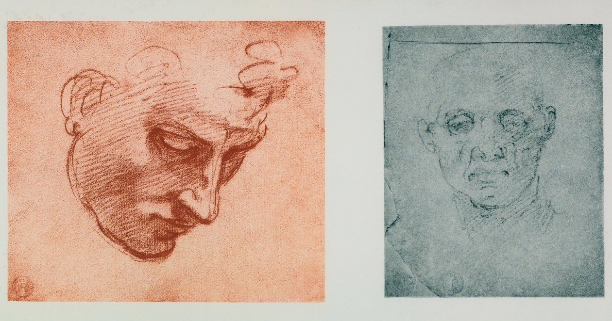 Vista frontal de um rosto e um de perfil; desenhos de Michelangelo. Casa Buonarroti, Florença de Michelangelo Buonarroti