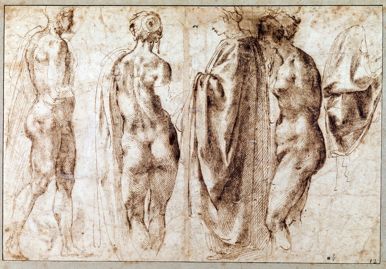Grupo de quatro figuras de pé e um drapeado Desenho na caneta de Michelangelo Buonarroti dit Michelangelo (Michelangelo ou Michel Ange de Michelangelo Buonarroti