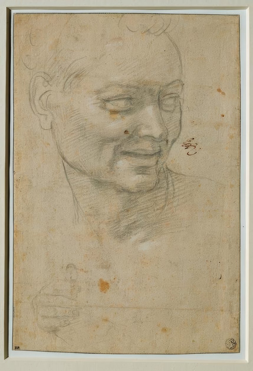 Cabeça e mão direita do Ignudo acima e à esquerda de Isaías de Michelangelo Buonarroti