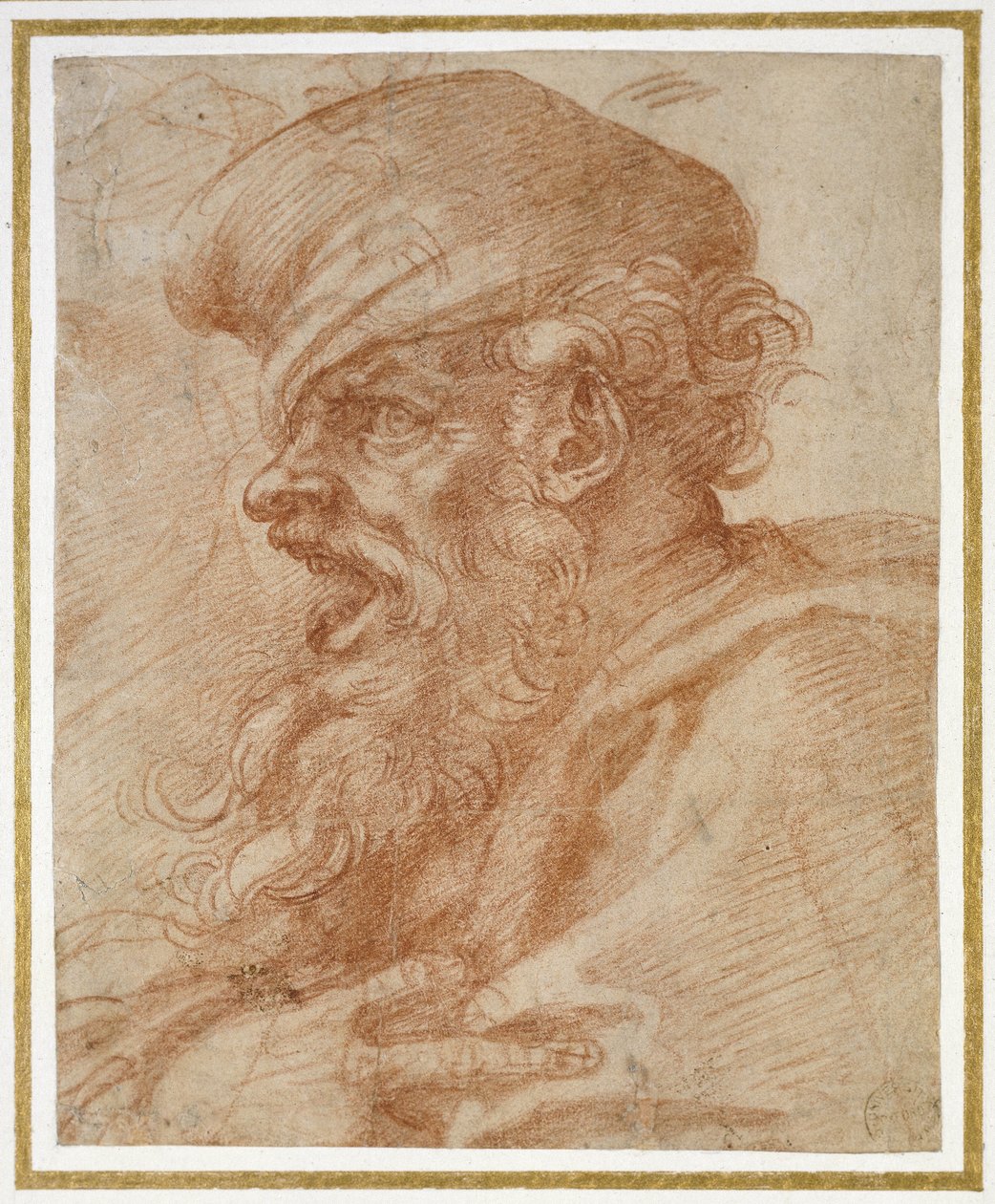 Cabeça de um homem barbudo gritando, c.1525 (giz vermelho sobre papel) de Michelangelo Buonarroti