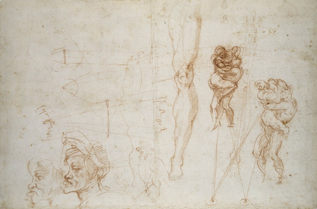 Hércules e Anteu e outros estudos, c.1525-28 (giz no papel) de Michelangelo Buonarroti