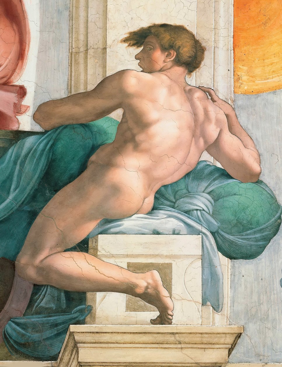 Teto da Capela Sistina Ignudo no Vaticano, 1508-1512. de Michelangelo Buonarroti