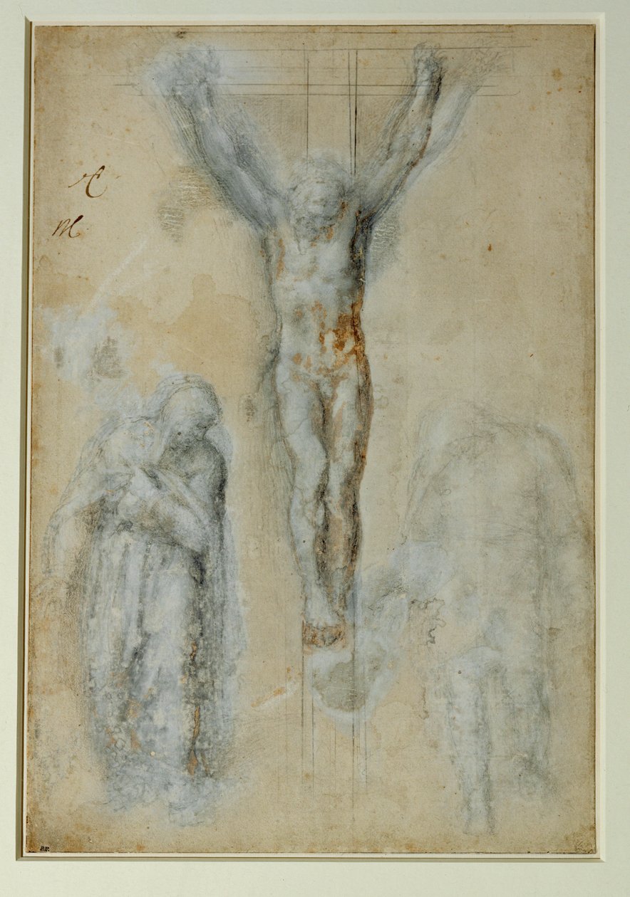 Cristo na Cruz entre a Virgem Maria e São João, pedra preta com lavagem castanha e branca ... de Michelangelo Buonarroti