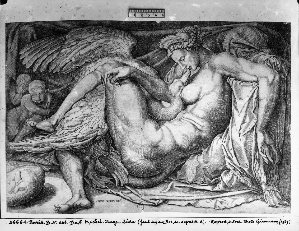 Leda, gravada por Jacobus Bos, Boss ou Bossius (bc1520) de Michelangelo Buonarroti