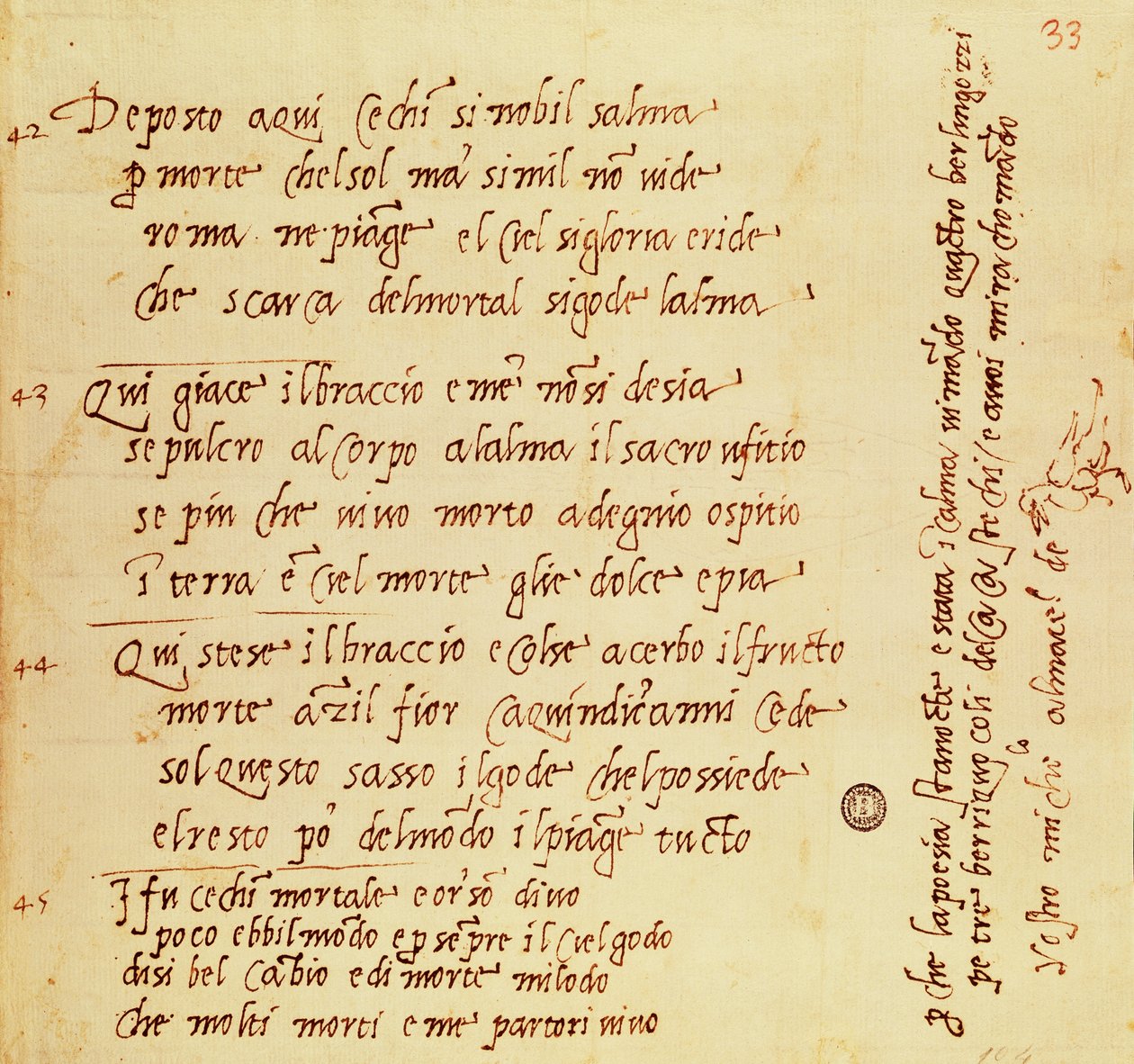 Manuscrito de poema de Miguel Ângelo Buonarroti (1475-1564) de Michelangelo Buonarroti