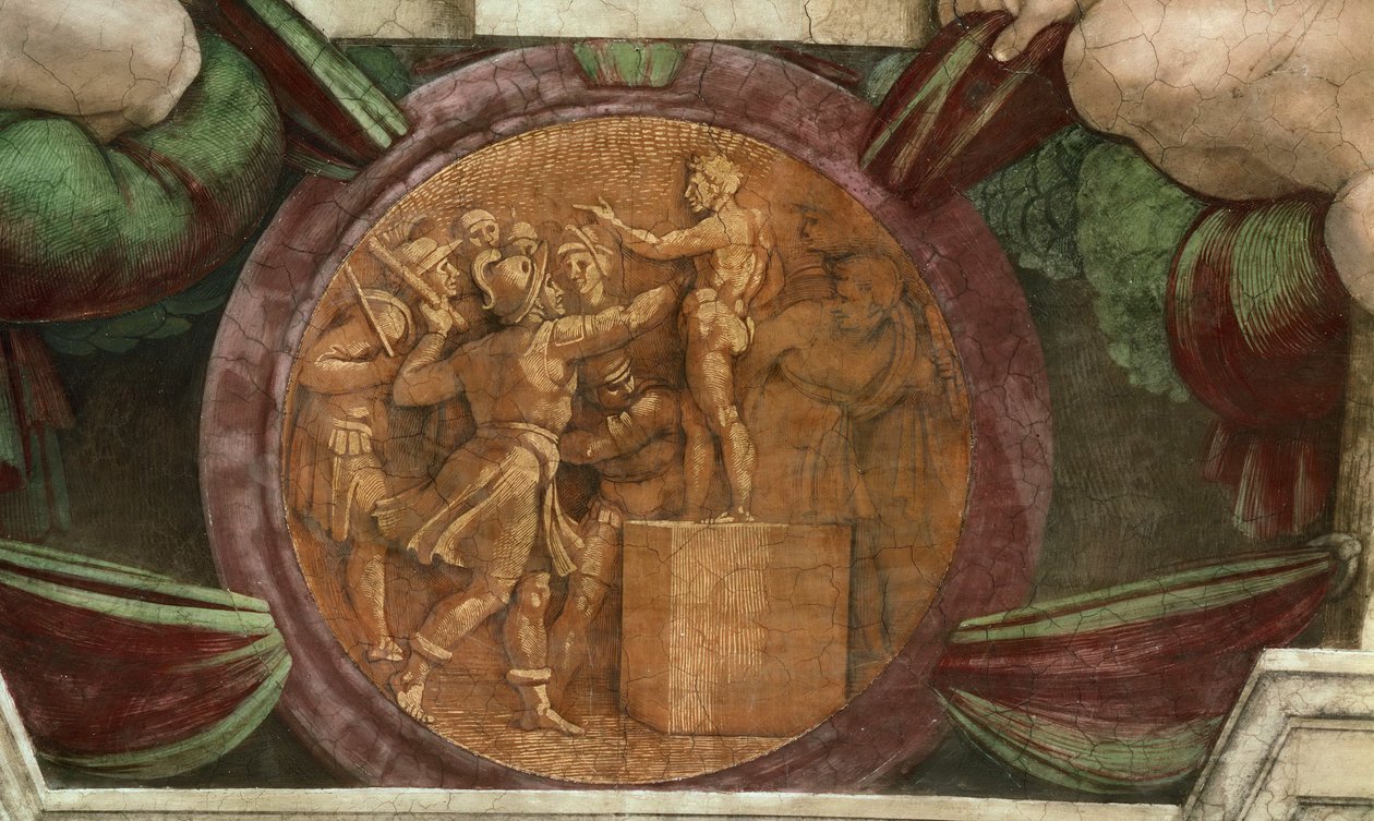 O Medalhão representa a Destruição da Estátua do Deus Baal..., 1508-1512. de Michelangelo Buonarroti
