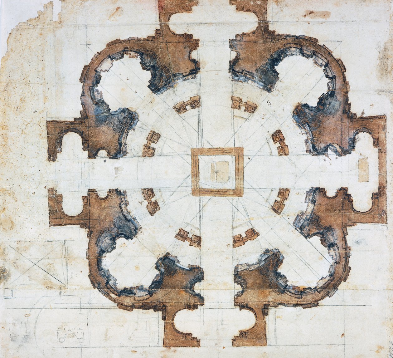 Plano da Basílica de San Giovanni dei Fiorentini em Roma, cerca de 1559, desenho de Michelangelo Buonarroti (1475-1564), Itália de Michelangelo Buonarroti