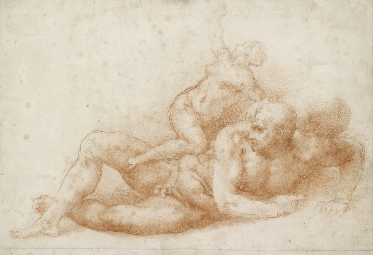 Sansão e Dalila (giz vermelho sobre papel branco) de Michelangelo Buonarroti