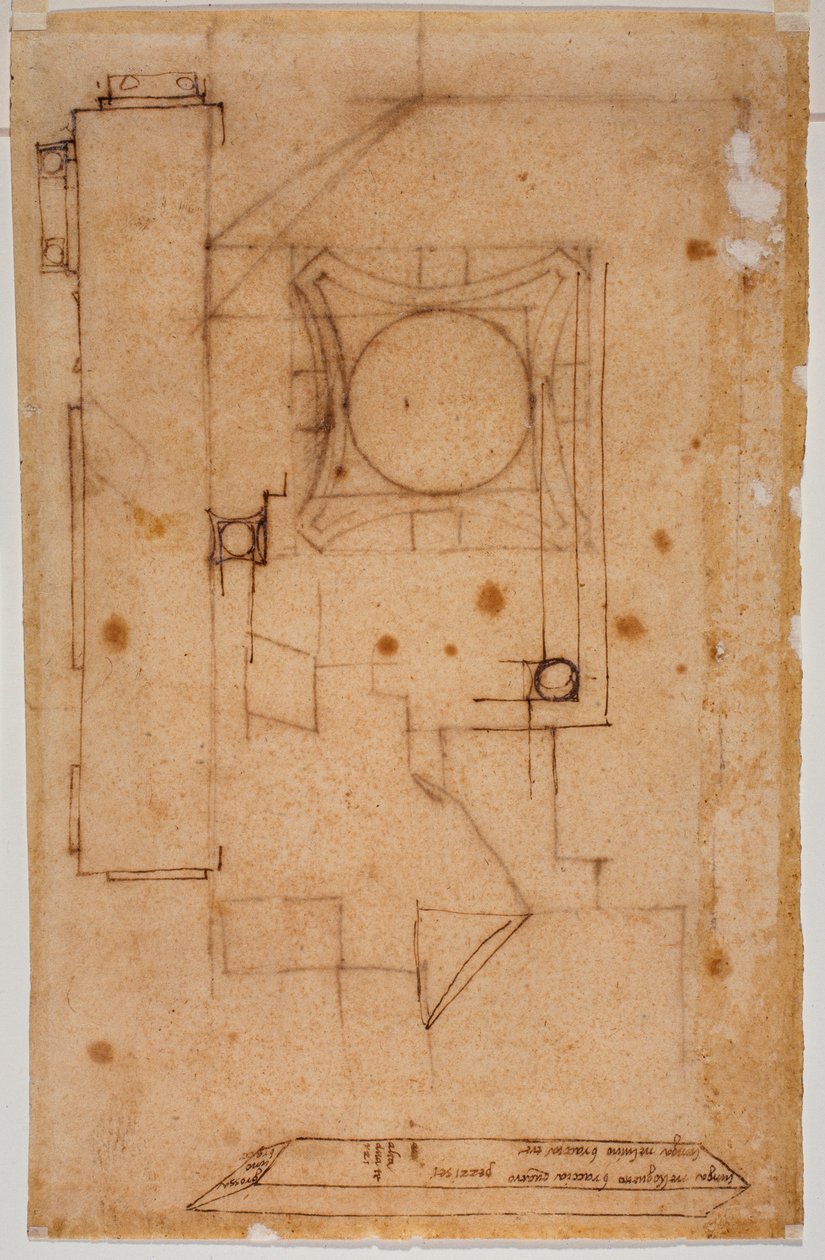 Secção do capitel, planta da fachada e esboços com anotações autógrafas das medidas de Michelangelo Buonarroti