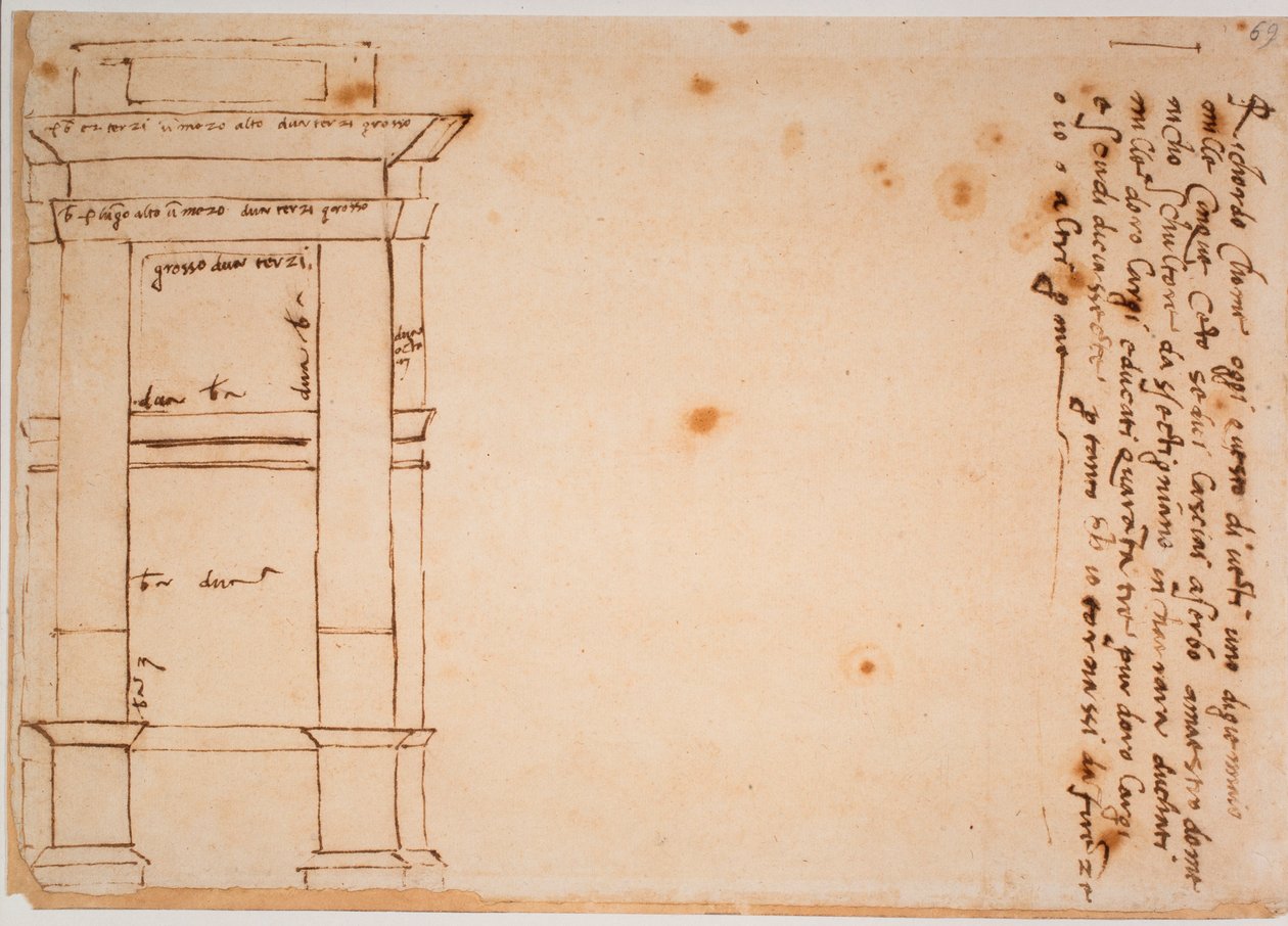 Alçado lateral do túmulo de Júlio II, memento autógrafo de Michelangelo Buonarroti