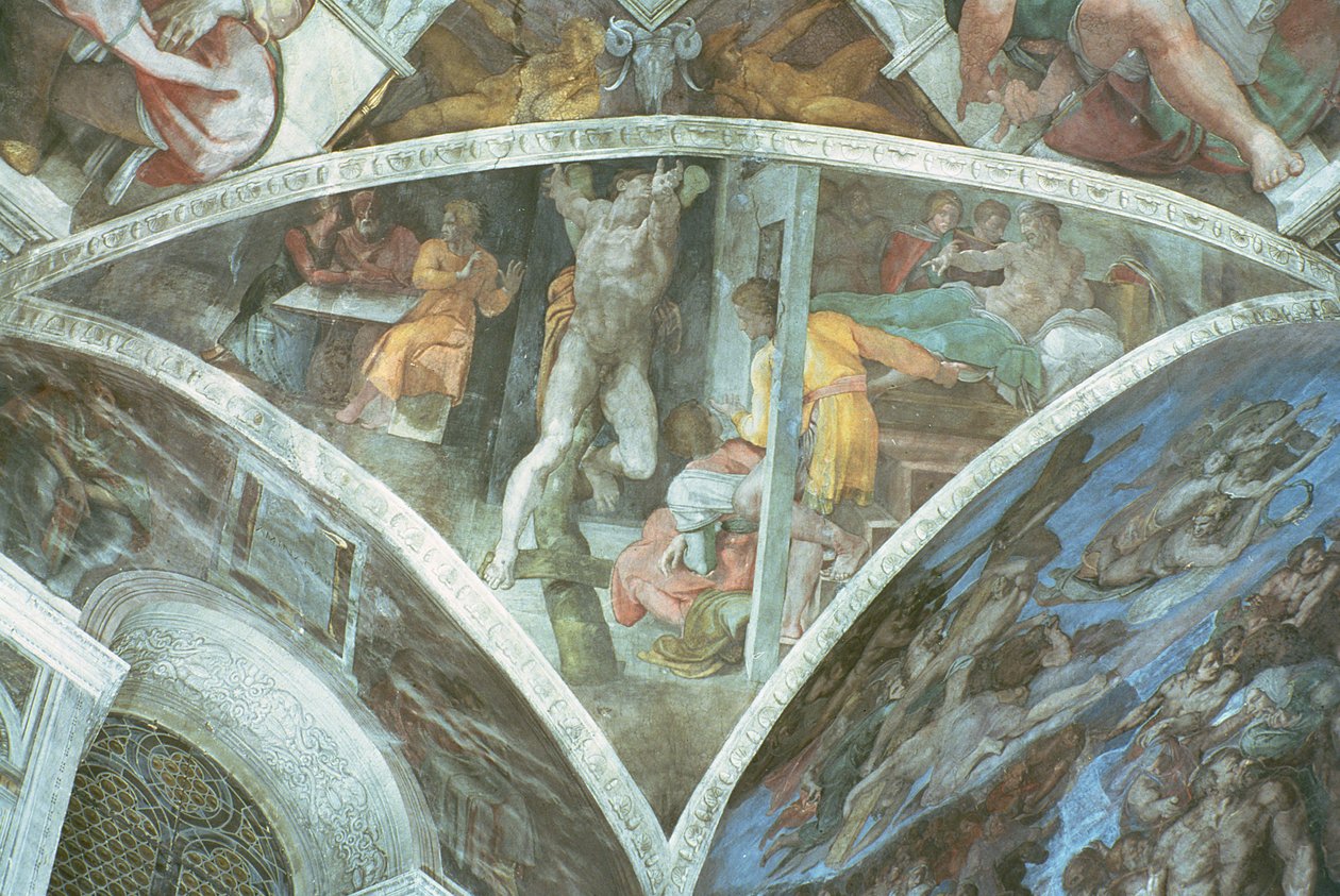 Capela Sistina Teto: Haman (spandrel) (pré restauração) de Michelangelo Buonarroti