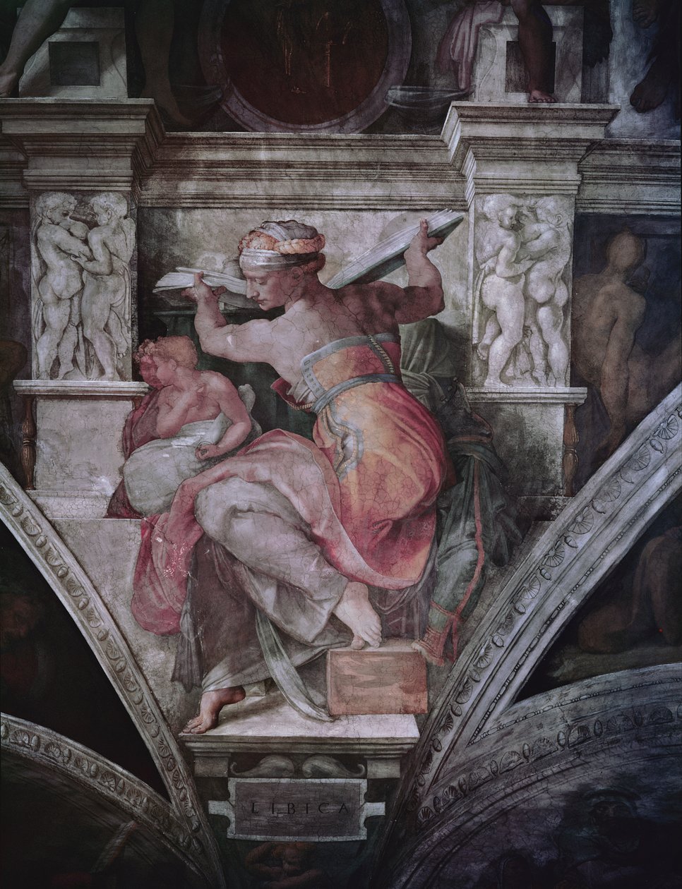 Capela Sistina Teto: Sibila da Líbia, c.1508-10 (pré restauração) de Michelangelo Buonarroti