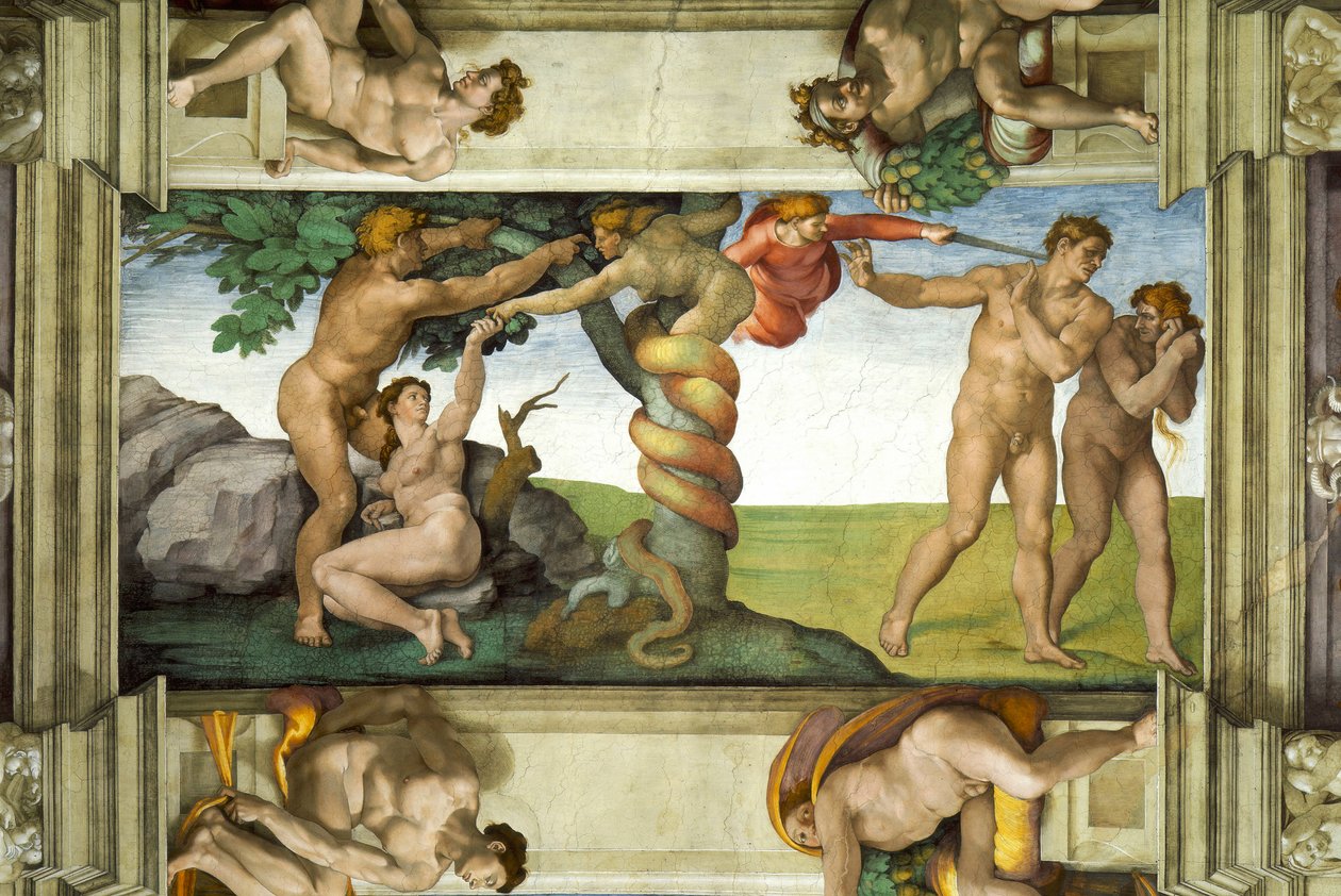 Tecto da Capela Sistina: A Queda do Homem e a Expulsão do Jardim do Éden, com quatro Ignudi de Michelangelo Buonarroti