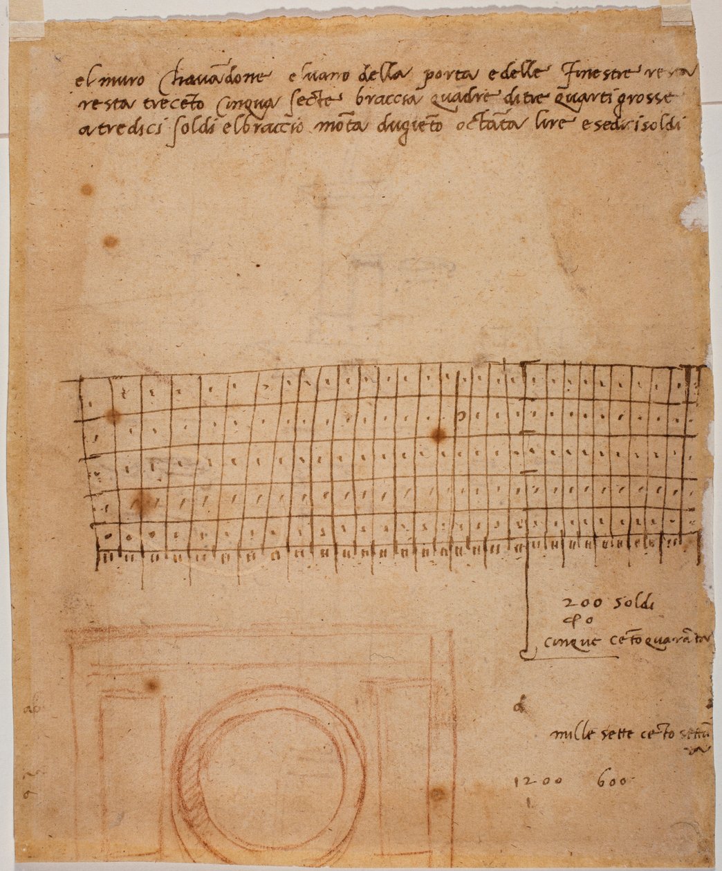Esboço de uma janela, anotações autógrafas e cálculo gráfico de Michelangelo Buonarroti