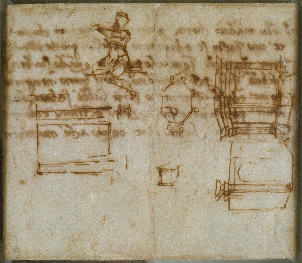 Pequenos esboços de arquitetura e um pequeno estudo de figura, final do século XV e início do século XVI de Michelangelo Buonarroti