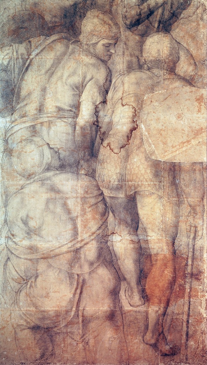 Soldados, de Michelangelo (1475-1564), desenho animado preparatório (sub-pintura) para o afresco da Crucificação de São Pedro criado na Capela Paulina no Palácio do Vaticano de Michelangelo Buonarroti