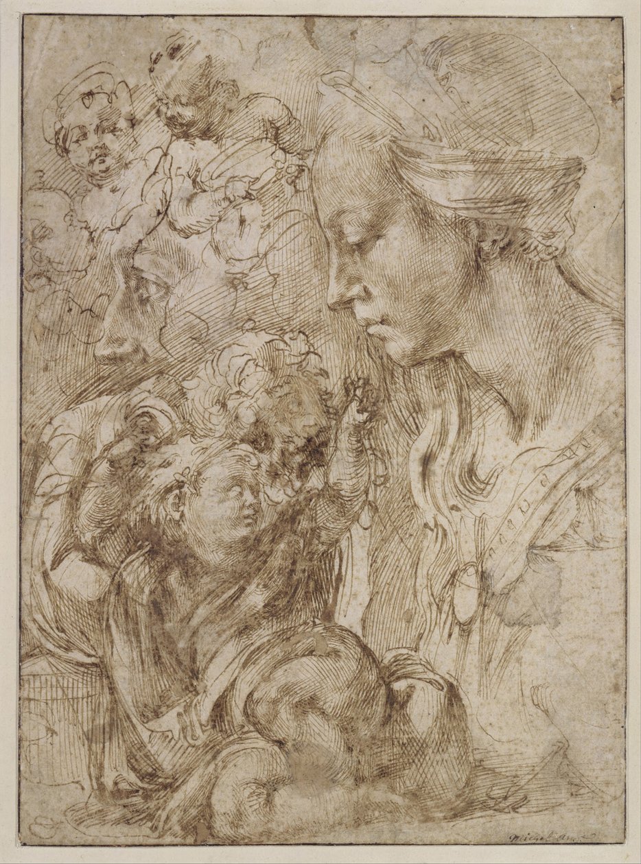 Estudos para uma Sagrada Família com João Batista quando criança, 1505 de Michelangelo Buonarroti