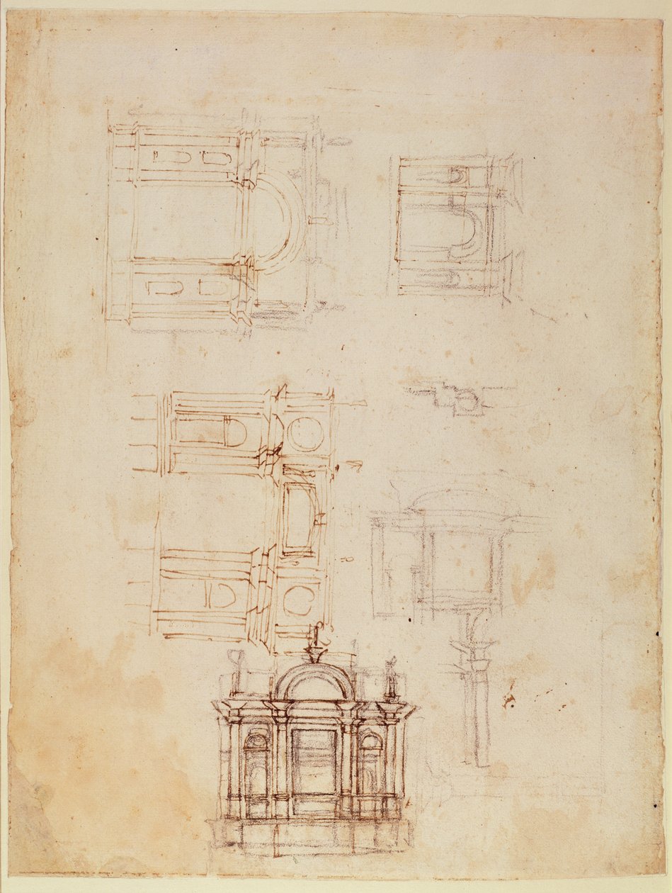 Estudos para composição arquitetônica em forma de arco triunfal, c.1516 (giz preto com caneta e tinta marrom sobre papel) (reto) (para verso ver 191776) de Michelangelo Buonarroti