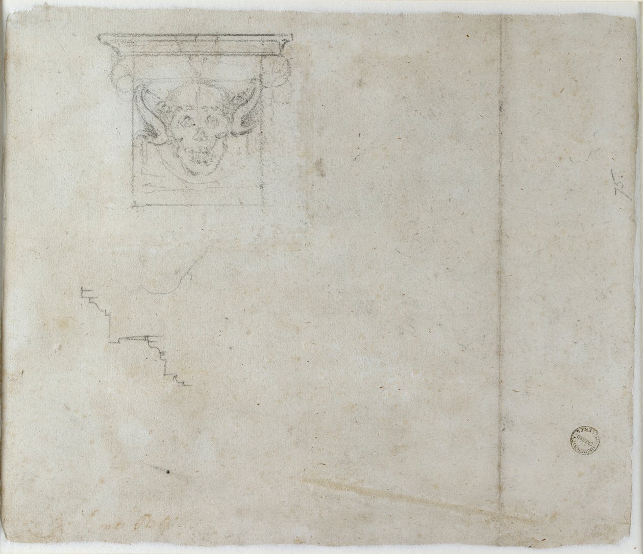 Estudos de detalhes arquitetônicos e uma máscara grotesca, c1490-1560 de Michelangelo Buonarroti