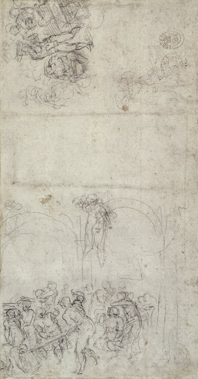 Estudo para o Juízo Final (caneta e lápis sobre papel) (verso) de Michelangelo Buonarroti