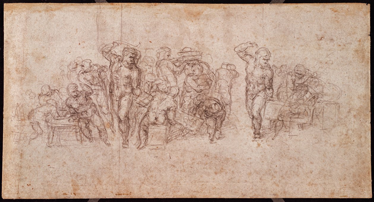 Estudo de Figuras para uma Cena Narrativa (giz preto sobre papel) (reto) (para verso ver 191764) de Michelangelo Buonarroti