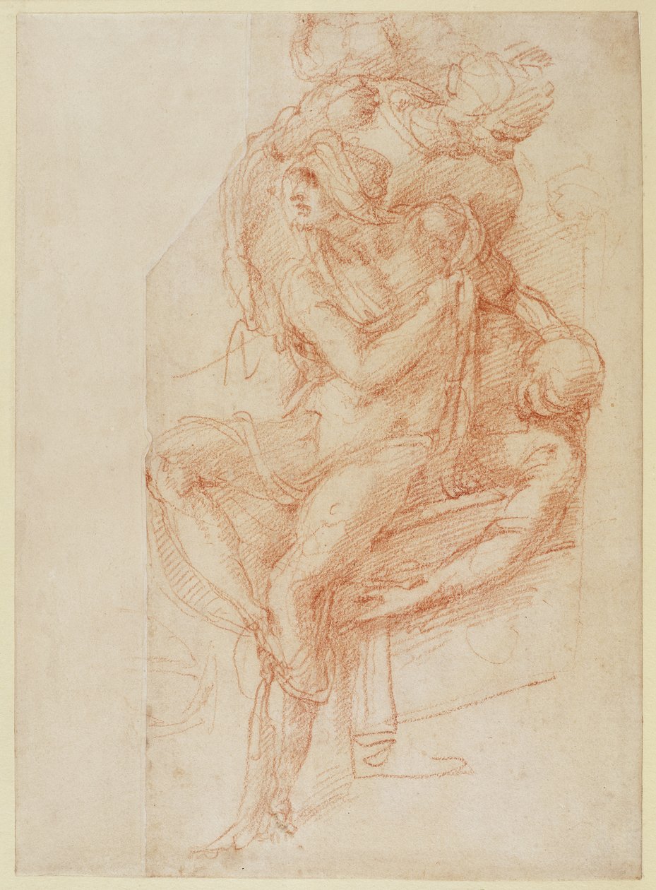 Estudo de Lázaro e dois Attendant Figure (giz vermelho sobre papel) de Michelangelo Buonarroti
