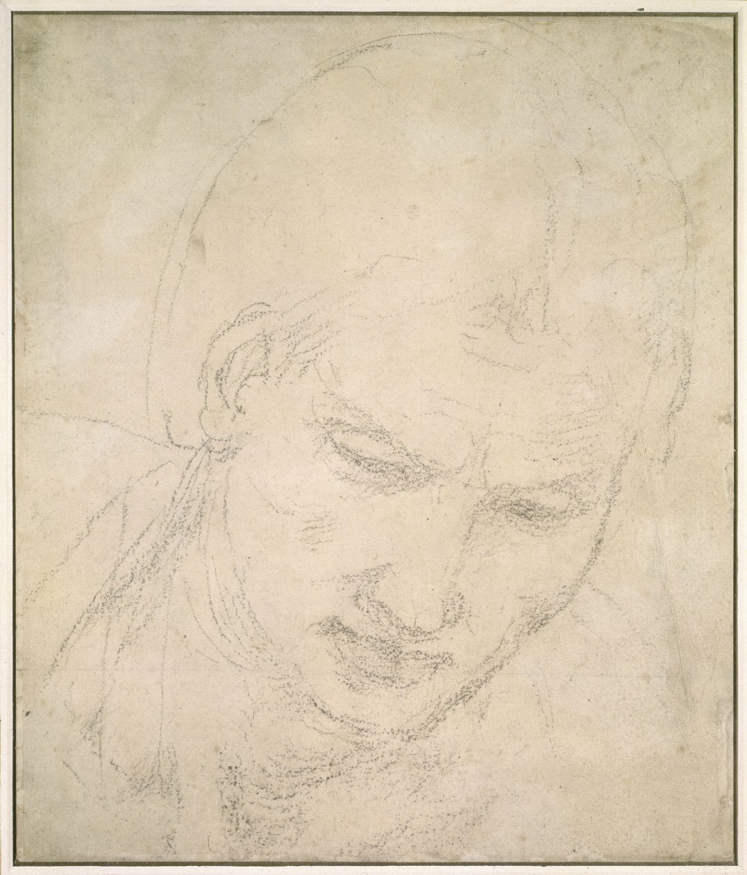 Estudo de uma cabeça (giz preto sobre papel branco) de Michelangelo Buonarroti