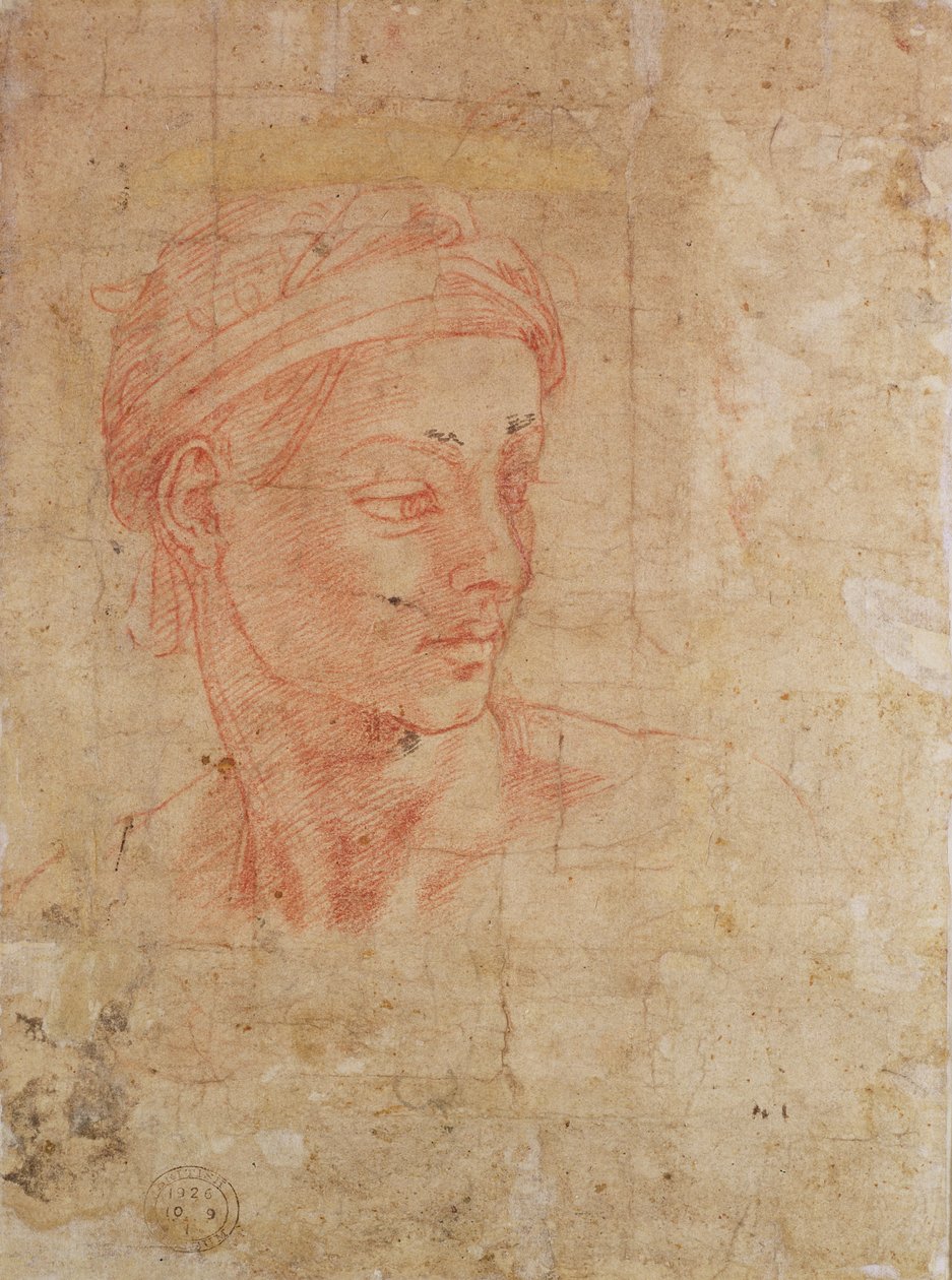 Estudo de uma cabeça (giz vermelho sobre papel) de Michelangelo Buonarroti
