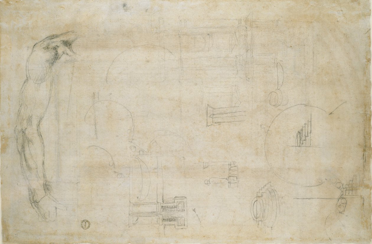 Estudo de um braço de homem e alguns esboços arquitetônicos, c1490-1560 de Michelangelo Buonarroti