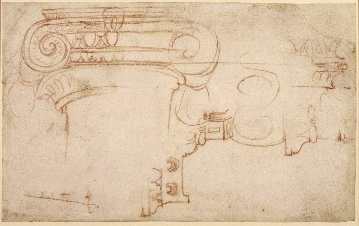 Estudo de uma capital iônica (giz vermelho sobre papel) (reto) de Michelangelo Buonarroti