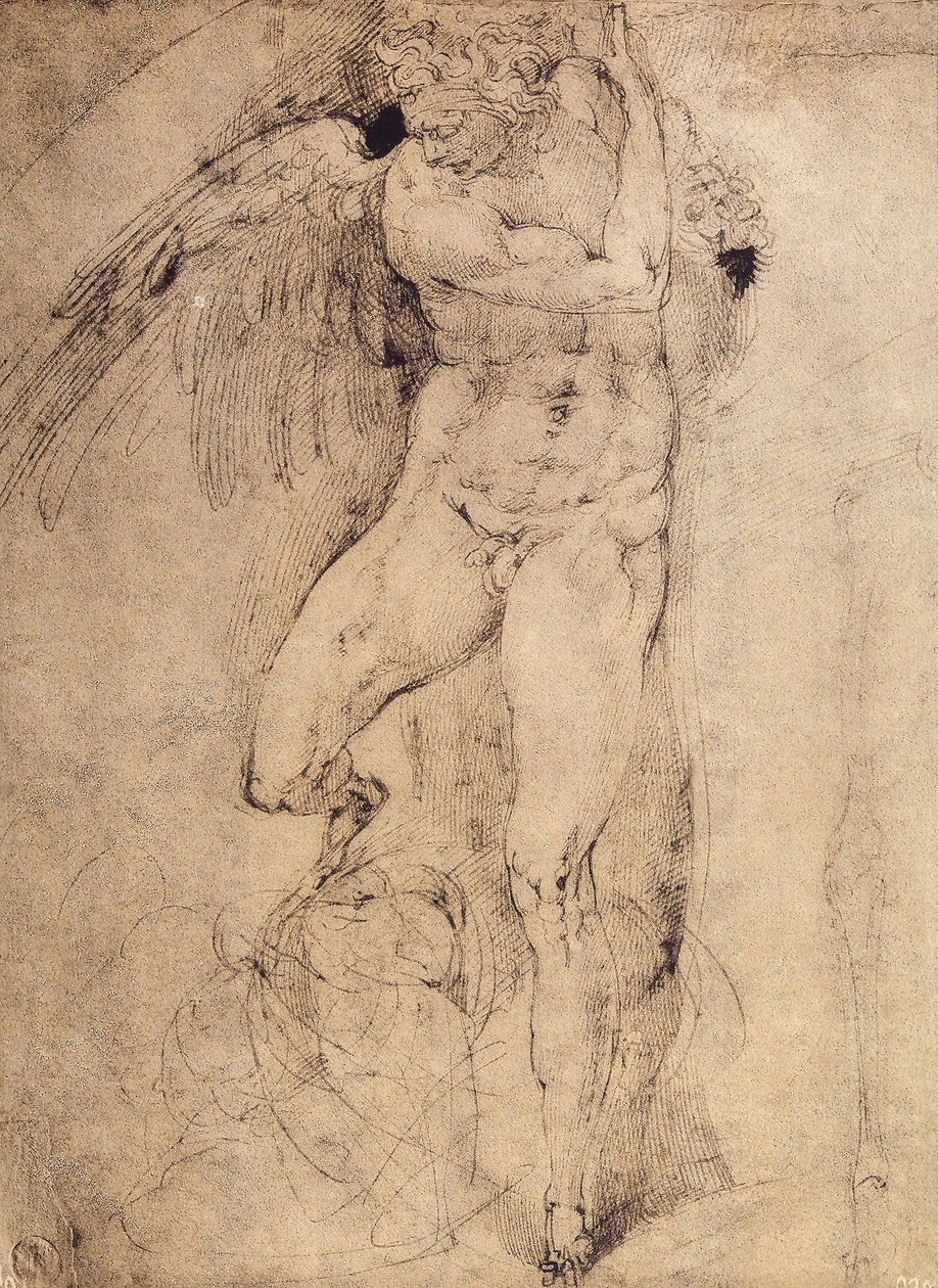 Estudo de um anjo para o Juízo Final: desenho de Michelangelo. Casa Buonarroti, Florença de Michelangelo Buonarroti