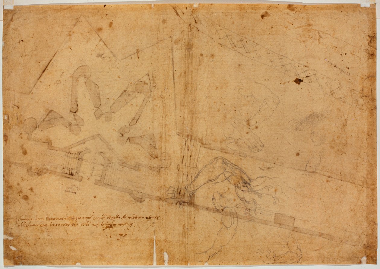 Estudo de figura por outra mão e inscrição manuscrita de Michelangelo Buonarroti