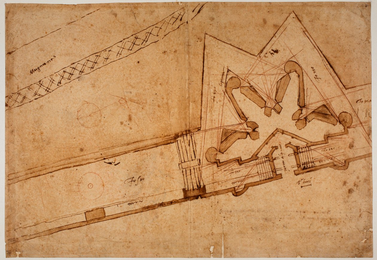 Estudo de fortificação para a Porta al Prato de Michelangelo Buonarroti