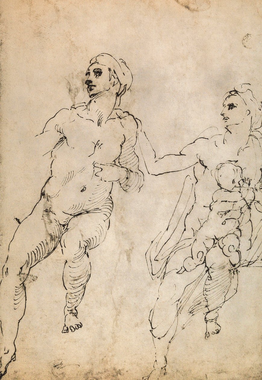 Estudo de algumas figuras nuas; desenho de Michelangelo. O louvre, paris de Michelangelo Buonarroti
