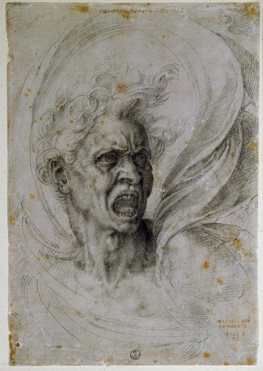A estudar a cabeça de um homem aos gritos. Desenho de Michelangelo Buonarroti conhecido como Michel Ange ou Michelangelo ou Michelangelo (1475-1564). Florença, Museu Uffizi (Florença, Gabinetto Disegni e Stampe degli Uffizi). de Michelangelo Buonarroti