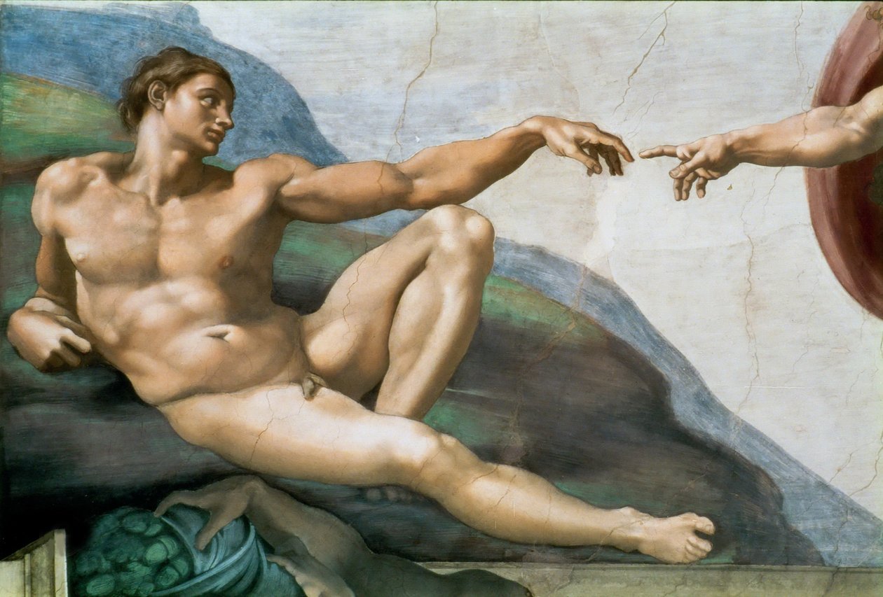 A Criação de Adão. Detalhe do teto da Capela Sistina no Vaticano, 1508-1512. de Michelangelo Buonarroti