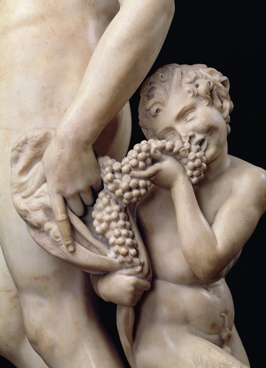 A embriaguez de Baco, detalhe do sátiro, 1496-97 detalhe em mármore de 52672 de Michelangelo Buonarroti