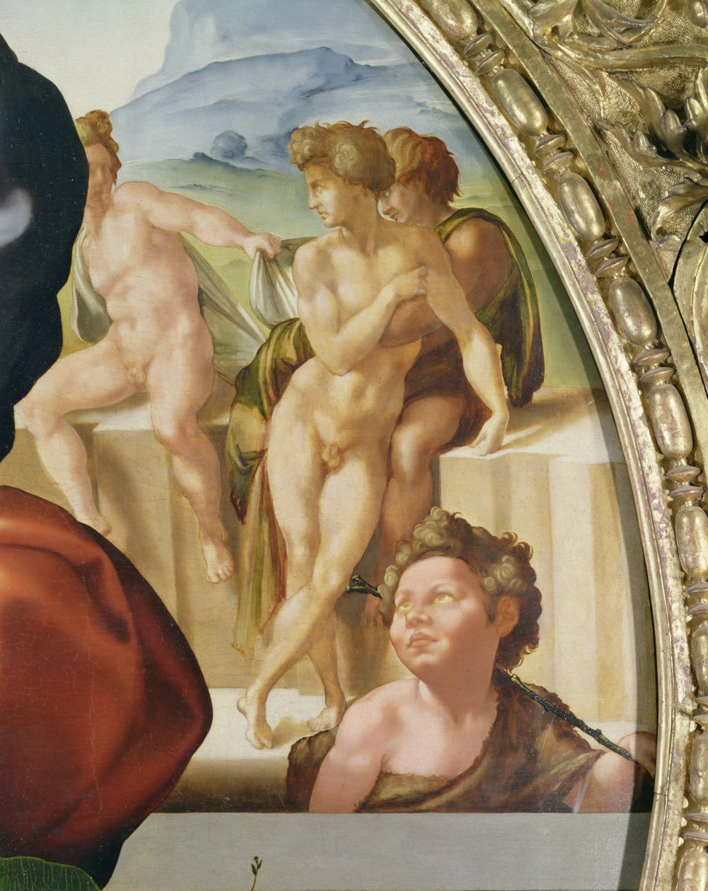 A Sagrada Família com São João (Doni Tondo) mostrando figuras nuas no fundo de Michelangelo Buonarroti