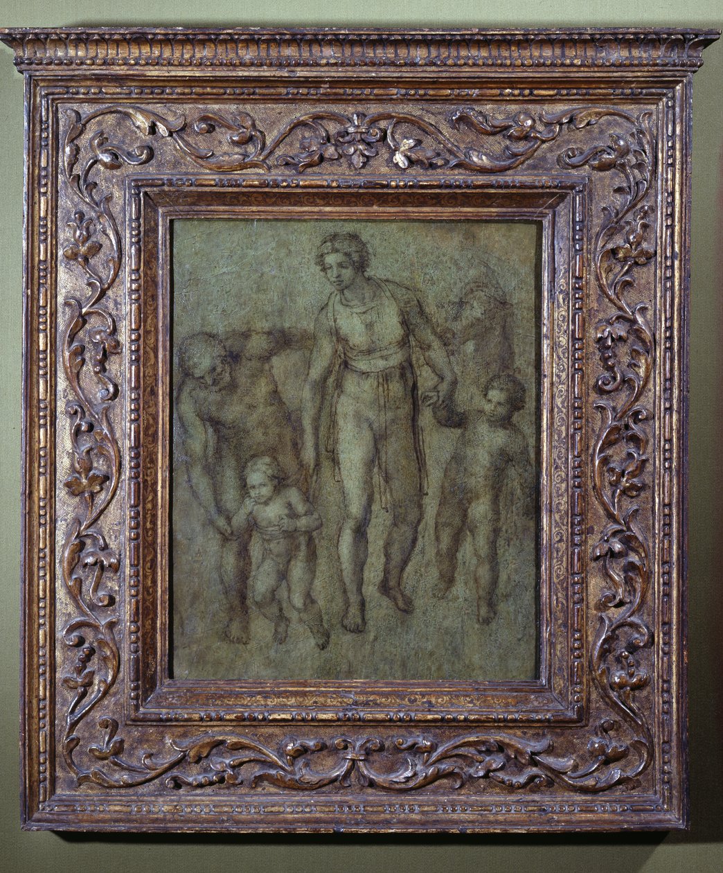A Sagrada Família com São João Batista, c.1540 (escova e lavagem marrom no painel) de Michelangelo Buonarroti