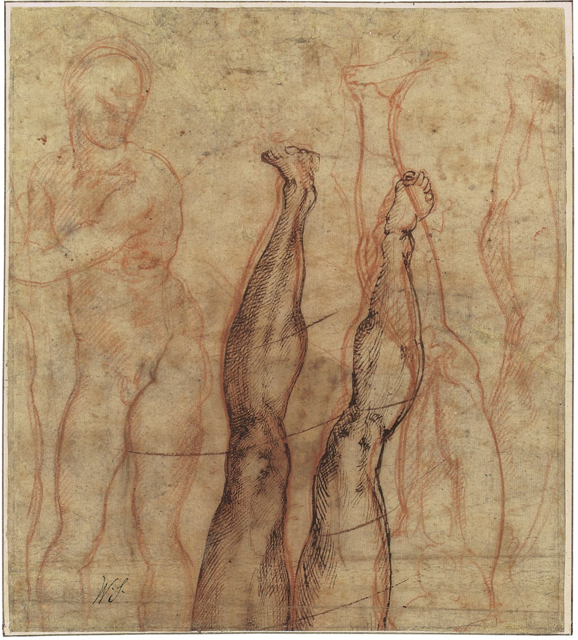 O Cristo Ressuscitado, nu de três quartos desenhado sobre os estudos de uma perna e um pé de Michelangelo Buonarroti